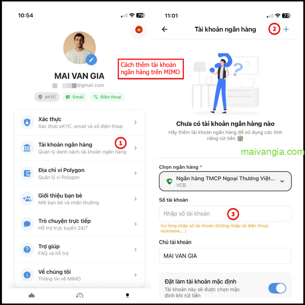 thêm tài khoản ngân hàng trên ứng dụng mimo